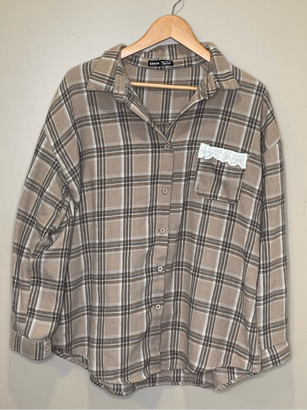 Upcycled Reworked Plaid Flannel. Fox Nature Plaid Shabby Chic Lace XL - Picture 2 of 9